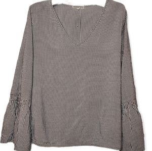 Pleione bell sleeve striped blouse, buttons all the way down the back, v-neck